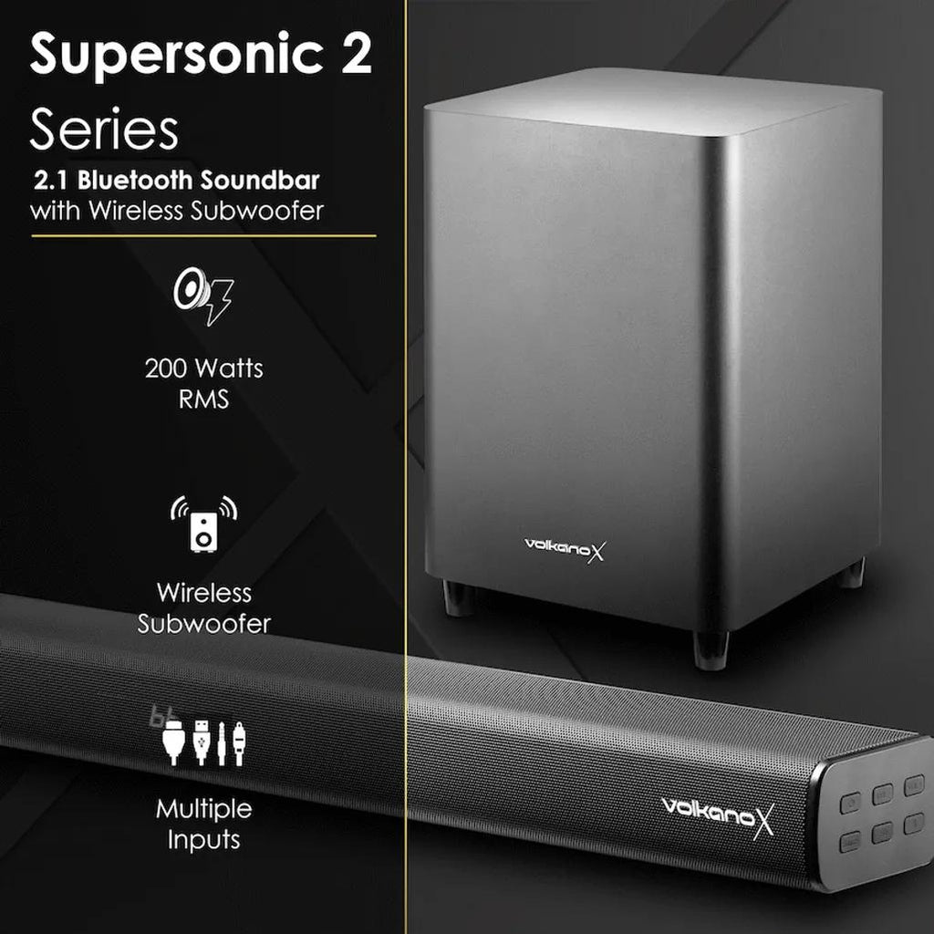 VolkanoX Supersonic 2 Series 2.1 200w Soundbar System with Wireless Subwoofer - Black