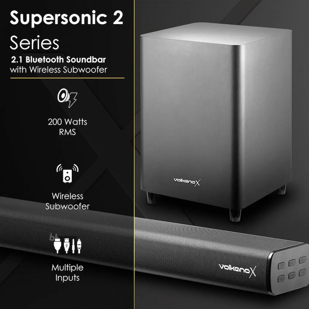 VolkanoX Supersonic 2 Series 2.1 200w Soundbar System with Wireless Subwoofer - Black