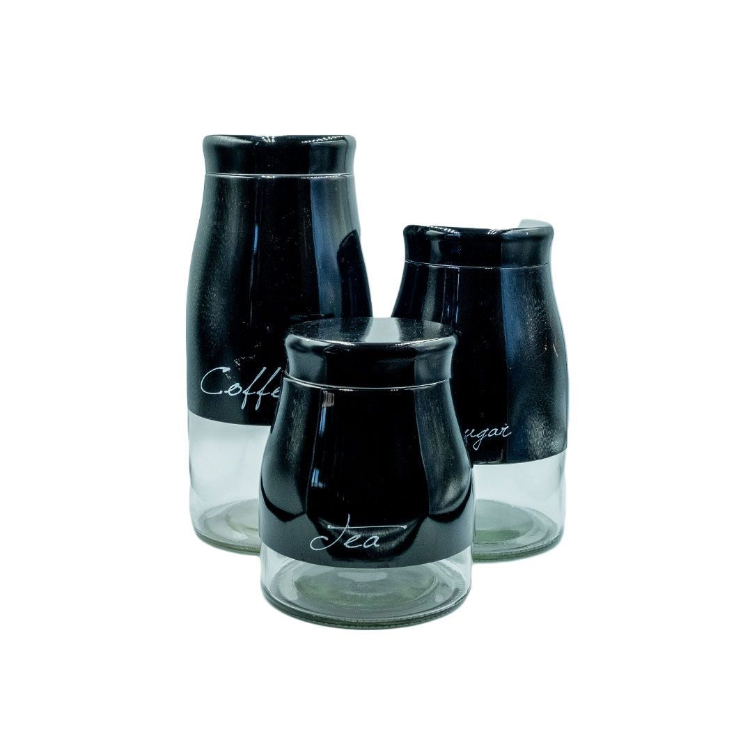 3PC GLASS CANISTER SET (TEA,COFFEE,SUGAR)