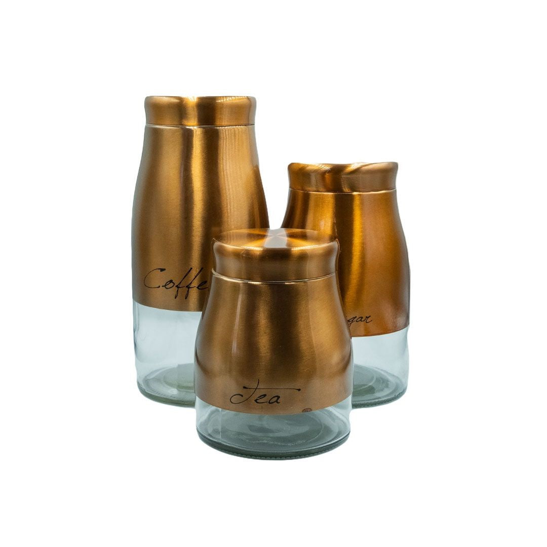 3PC GLASS CANISTER SET (TEA,COFFEE,SUGAR)